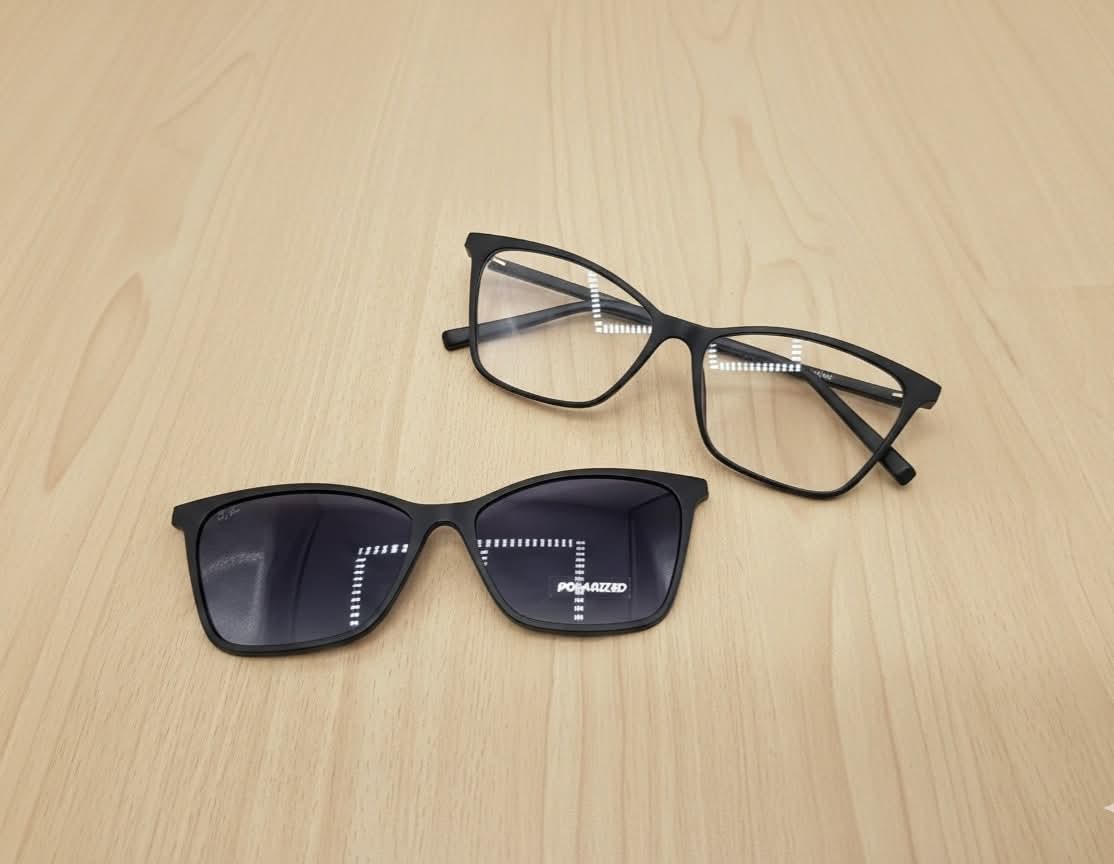 Black clip-on eyeglasses Style 2120 with polarized sunglass clip attachment, Optix One Pakistan